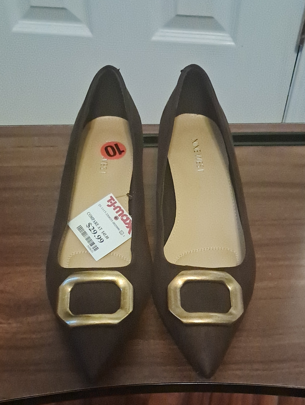 Nine West Brown Pointed Toe Flats with Gold Buckle Accent